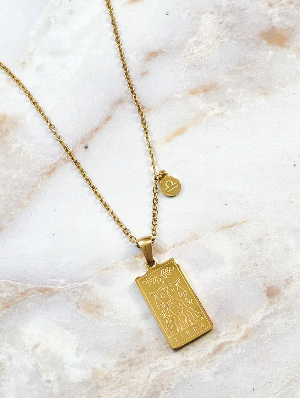 Libra Zodiac Tarot Card Necklace 18K Gold Plated Titanium Steel Double-Sided